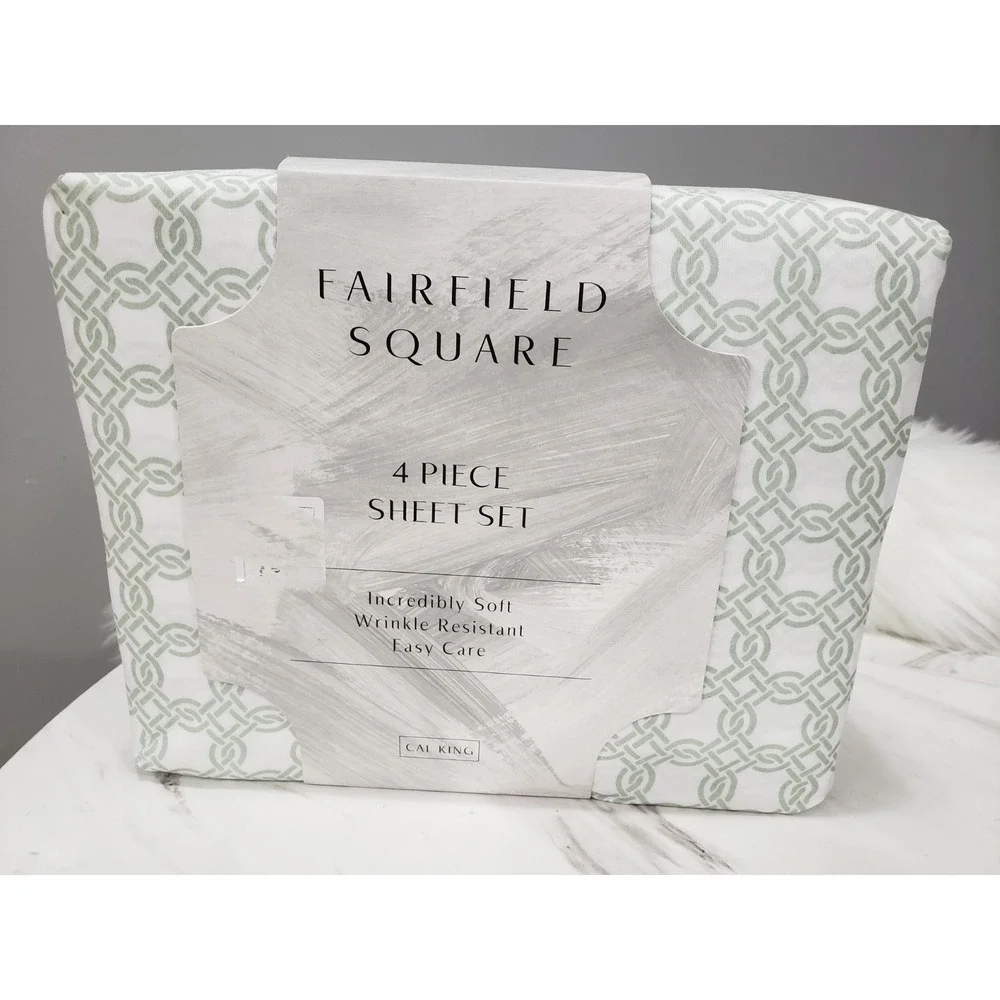 NEW CALI KING Sage Interlocking CALI FOUR PIECE SHEET SET FITTED FLAT MINIMALIST